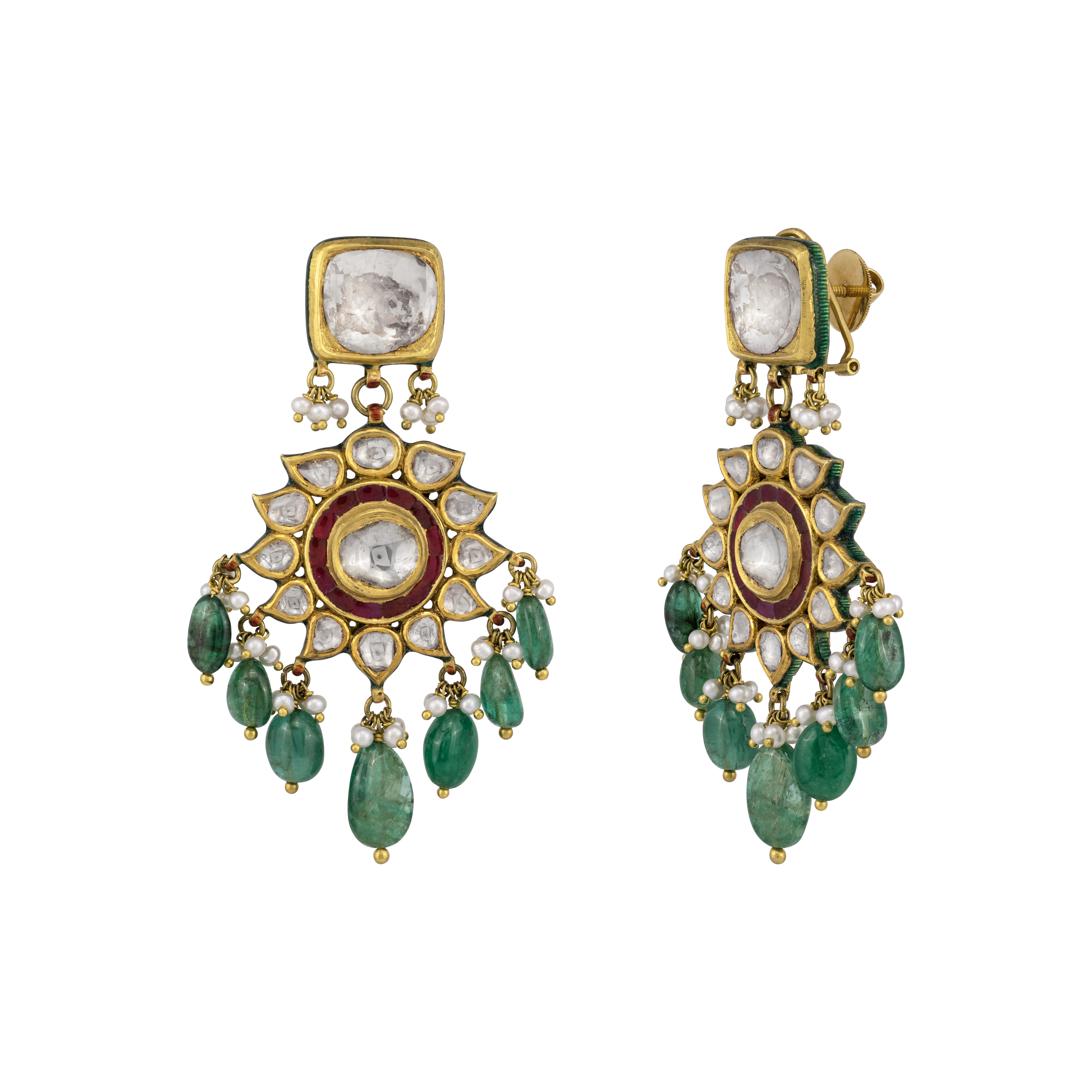 Red Talaf Earring with Emerald and Polki Floral Design